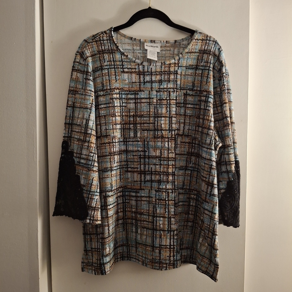 BonWorth Women's Multicolor Plaid Blouse with Black Lace Sleeves